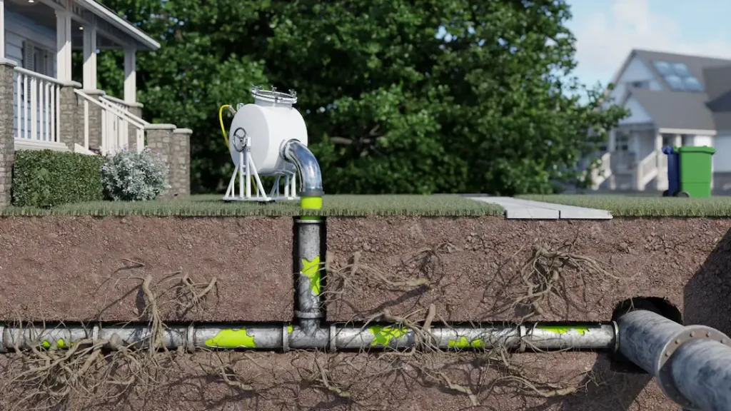 A split view graphic of a pipe underground